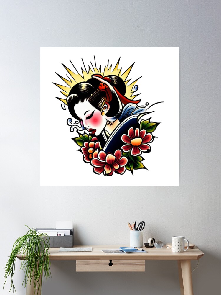 Old school tattoo flash of a Japanese lady