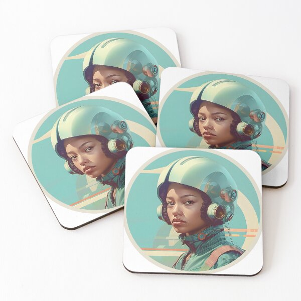 Item preview, futuristic pilot, princess, woman, circular portrait, natural curls, green, beige, brown. designed and sold by FoxRobinRabbit.