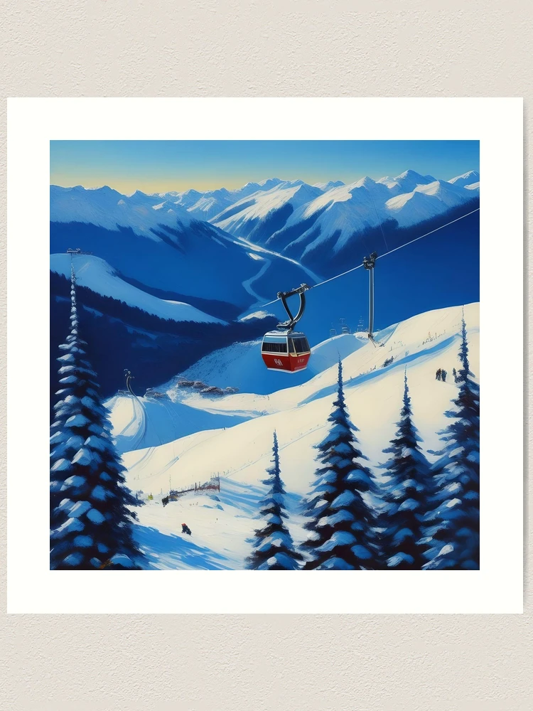 Red cable car ski chair lift on a clear blue sky sunny morning alpine  landscape painting | Art Print