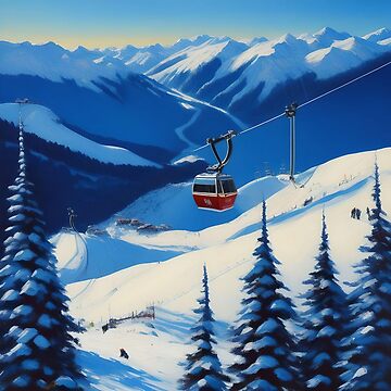 Red cable car ski chair lift on a clear blue sky sunny morning alpine  landscape painting | Art Board Print