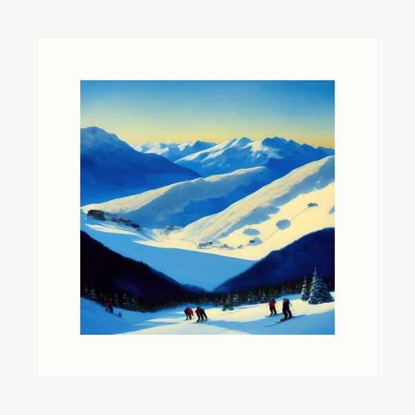 Red cable car ski chair lift on a clear blue sky sunny morning alpine  landscape painting | Art Print