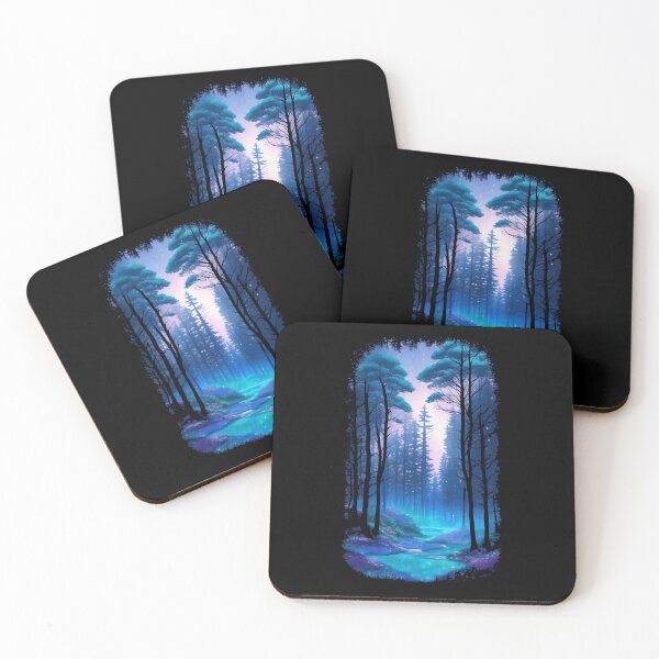 Item preview, Dark magical forest illustration art, fantasy art, dark gothic art, blue aura, mystical forest, Magic forest at night by a river digital hand drawn art illustration designed and sold by MeIanie.