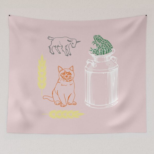 Item preview, Cat, Baby Goat, Frog, and the Milk Can Mischief on the Light Pink Background designed and sold by IraNiva.