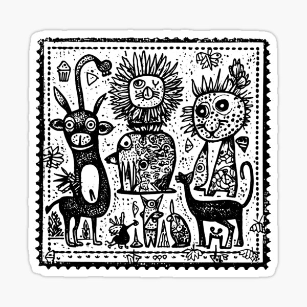 Linocut Stamp with Surreal Geometric Animals Sticker