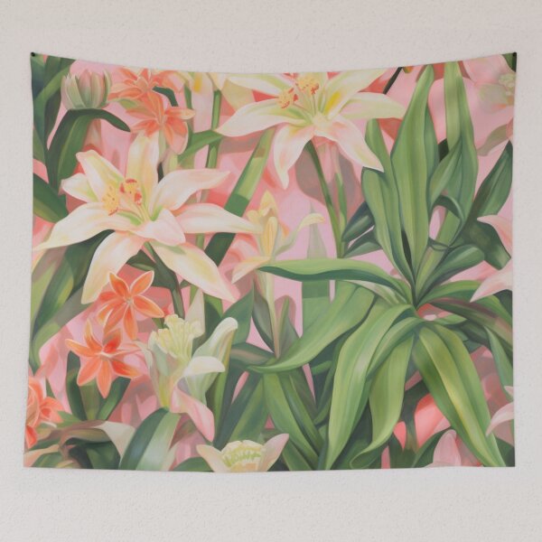 Item preview, Colorful abstract flower pettern Color decorative element Nature Pink flowers Orange lilies Green leaves designed and sold by PinkPinkArts.