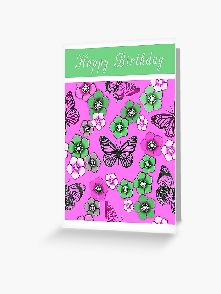 happy-birthday-card-with-butterfly-s-and-flower-s-on-a-pink-background-greeting-card-for-sale-by-peartreestudio-redbubble