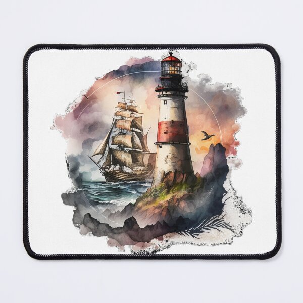 Item preview, Lighthouse with sailing ship watercolor designed and sold by Storm20k.