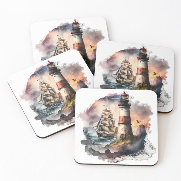 Item preview, Lighthouse with sailing ship watercolor designed and sold by Storm20k.
