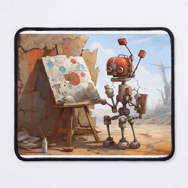Artikelvorschau, Roboterkünstler malt eine mit generativer KI erstellte Zusammenfassung entworfen und verkauft von CosmicOptimist1.
