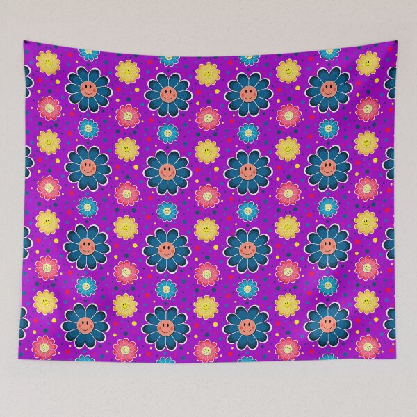Item preview, Flower Face Pattern, mixed colours on a purple background designed and sold by Pear Tree Studio.