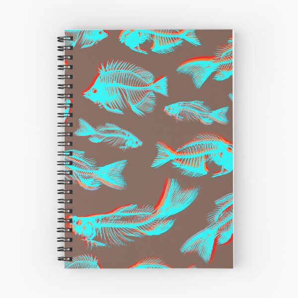 Item preview, Skeleton Fish bones pattern with blue, orange, red fish on a grey background designed and sold by Pear Tree Studio.