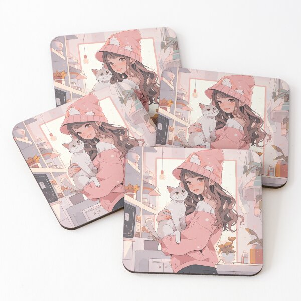 Item preview, Cute girl wearing pink posing with cat designed and sold by nekocharm.