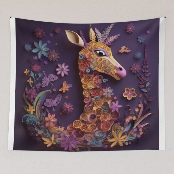 Aperçu de l'œuvre Giraffe made of flowers and butterflies on a purple background. créée et vendue par aiphotosart.