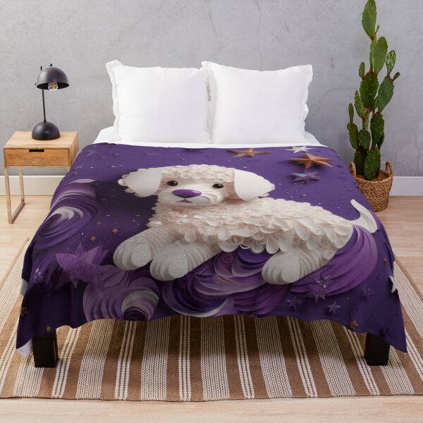 Artikelvorschau, Cute white dog on a purple background with stars and confetti entworfen und verkauft von aiphotosart.
