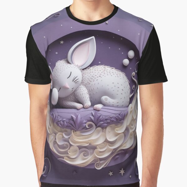 Vista previa del artículo con la obra «Cute white rabbit sleeping in a purple round frame. 3d rendering», diseñado y vendido por aiphotosart.