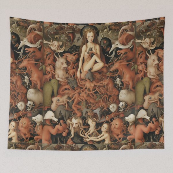 Item preview, A beautiful woman from the middle ages surrounded by Demons and Fallen angels at court after Hieronymus Bosch designed and sold by Vintage Designs +.