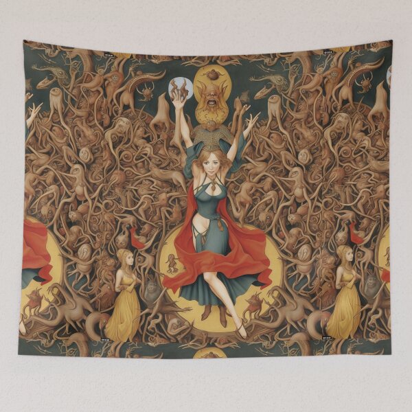 Item preview,  A beautiful woman from the middle ages surrounded by Demons and Fallen angels at court after Hieronymus Bosch designed and sold by Vintage Designs +.
