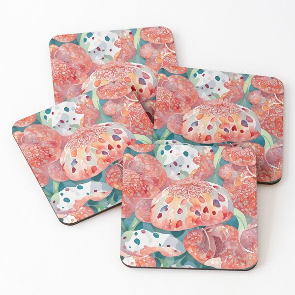 Item preview, watercolor red-orange flowers resembling mushrooms designed and sold by ohmdesignart.