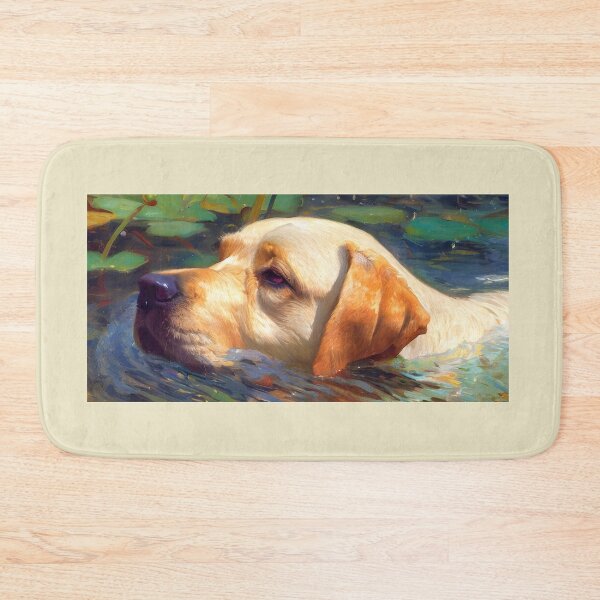 Item preview, a Labrador Retriever swimming in the river painting designed and sold by unepommedeterre.
