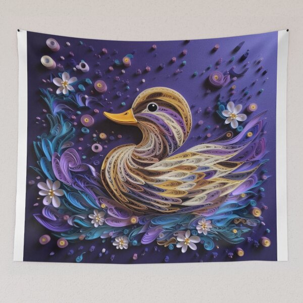 Item preview, Colorful duck made of feathers on a purple background. 3d rendering designed and sold by aiphotosart.