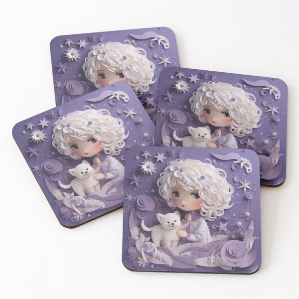Item preview, little girl, white cat, purple background, hair, smile, happy expression, purring, content, heartwarming, peaceful, scene, art, illustration, gift, home decor, inspiration designed and sold by aiphotosart.