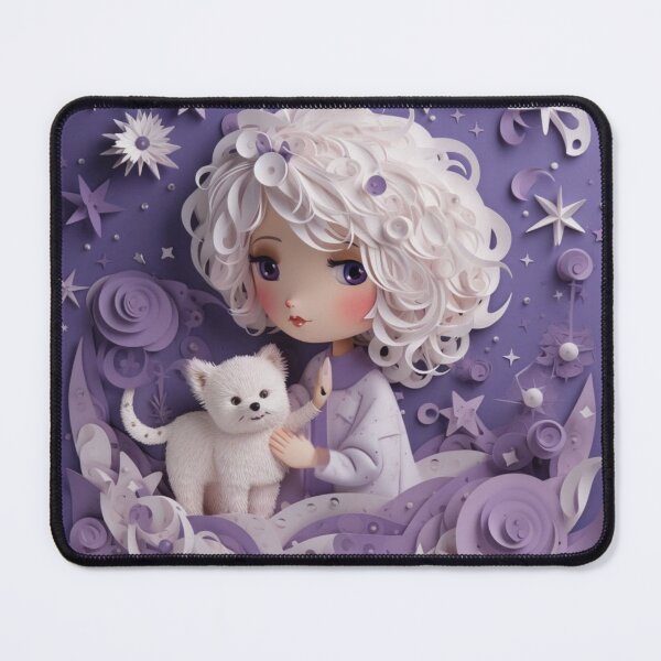 Item preview, little girl, white cat, purple background, hair, smile, happy expression, purring, content, heartwarming, peaceful, scene, art, illustration, gift, home decor, inspiration designed and sold by aiphotosart.