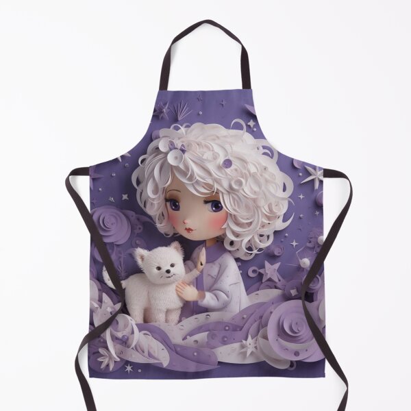 Item preview, little girl, white cat, purple background, hair, smile, happy expression, purring, content, heartwarming, peaceful, scene, art, illustration, gift, home decor, inspiration designed and sold by aiphotosart.