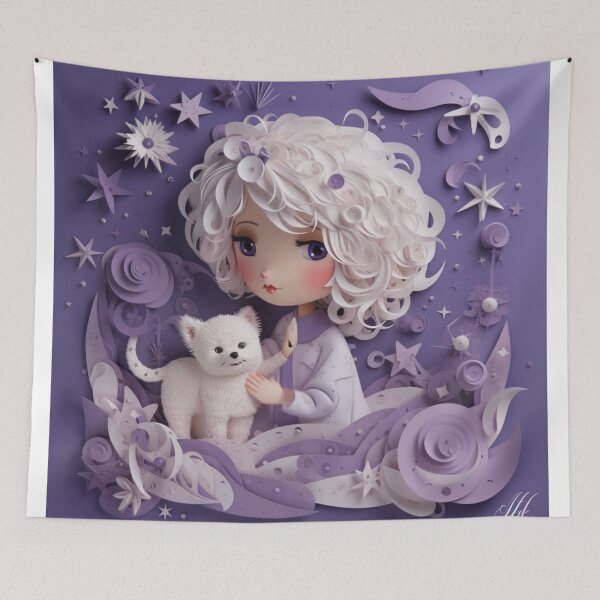 Item preview, little girl, white cat, purple background, hair, smile, happy expression, purring, content, heartwarming, peaceful, scene, art, illustration, gift, home decor, inspiration designed and sold by aiphotosart.