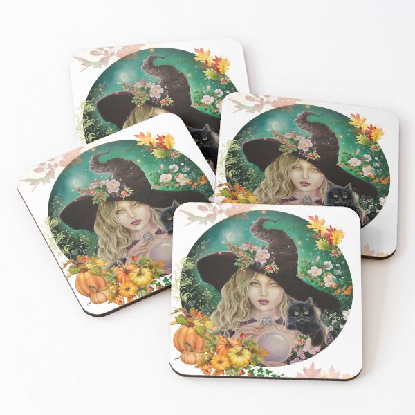 Item preview, Halloween Samhain witch with black kitten greeting card designed and sold by Gabriella  Szabo.