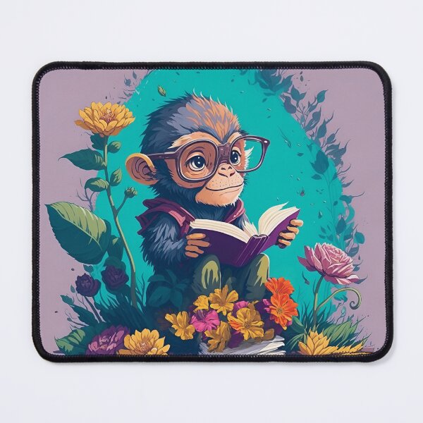 Item preview, Monkey nerd readink book wearing glasses with colorful flowers  designed and sold by Claraveritas.