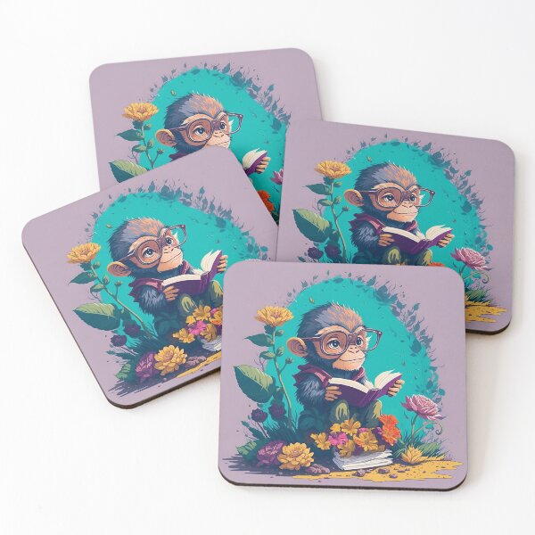 Item preview, Monkey nerd readink book wearing glasses with colorful flowers  designed and sold by Claraveritas.