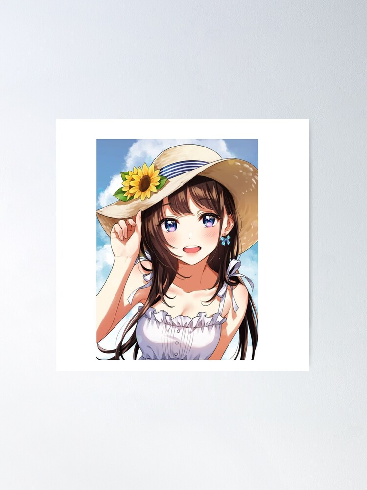 Anime girl with a straw hat in a sunflower field Poster for Sale