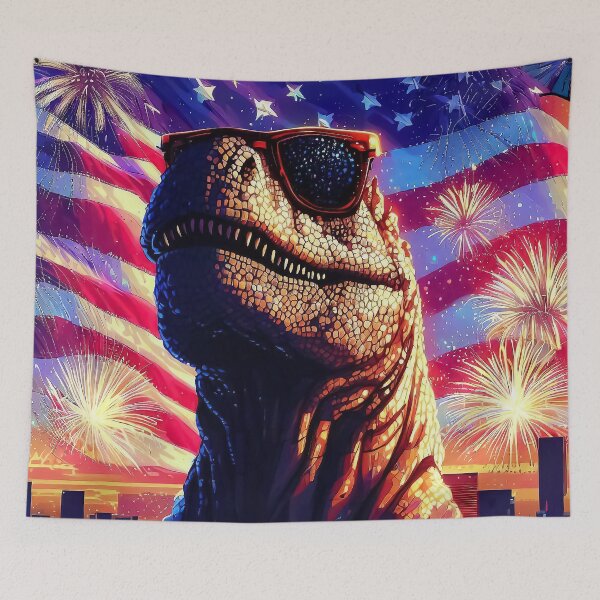 Artikelvorschau, Fröhlicher 4. Juli, amerikanische Flagge, cooler Tyrannosaurus in Sonnenbrillen-Pixelkunst entworfen und verkauft von TomFrontierArt.