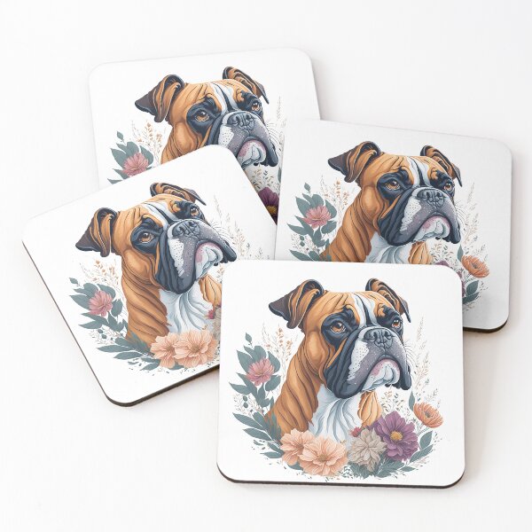 Artikelvorschau, Boxer-Hundewelpe, hochdetaillierte Blumenspritzer-Blumenillustration im Aquarellstil für den Sublimationsaufkleberdruck entworfen und verkauft von Sashindra Wijayarathna.