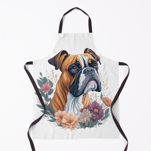 Artikelvorschau, Boxer-Hundewelpe, hochdetaillierte Blumenspritzer-Blumenillustration im Aquarellstil für den Sublimationsaufkleberdruck entworfen und verkauft von Sashindra Wijayarathna.