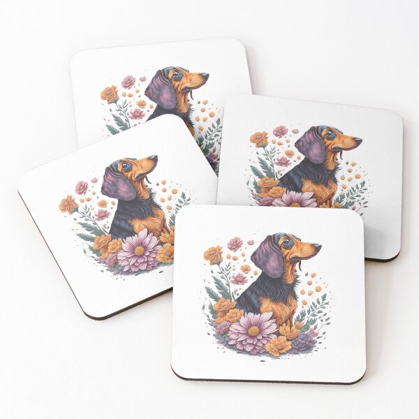 Artikelvorschau, Dackel-Hunderasse-Welpe, hochdetaillierte Blumenspritzer-Blumenillustration im Aquarellstil für den Sublimationsaufkleberdruck entworfen und verkauft von Sashindra Wijayarathna.
