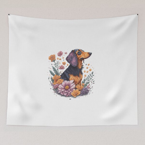 Item preview, Dachshund dog breed puppy high detailed watercolor style flower splash floral illustration for sublimation sticker print designed and sold by Sashindra Wijayarathna.