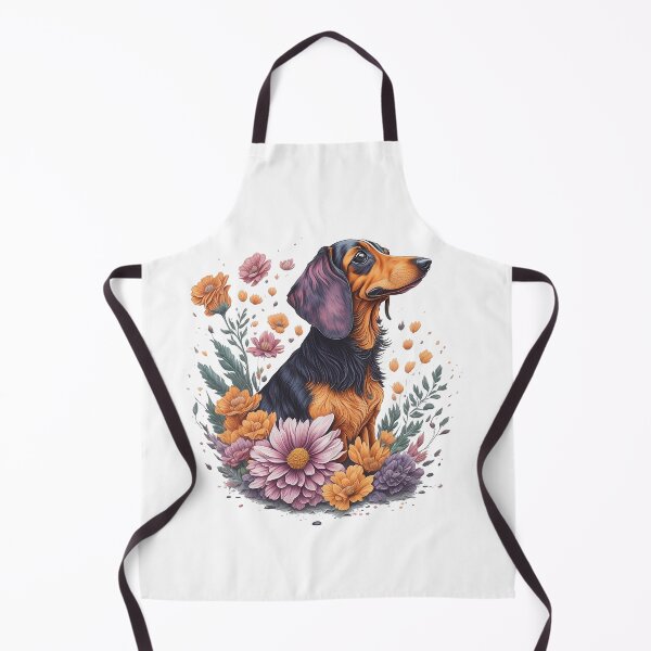 Artikelvorschau, Dackel-Hunderasse-Welpe, hochdetaillierte Blumenspritzer-Blumenillustration im Aquarellstil für den Sublimationsaufkleberdruck entworfen und verkauft von Sashindra Wijayarathna.