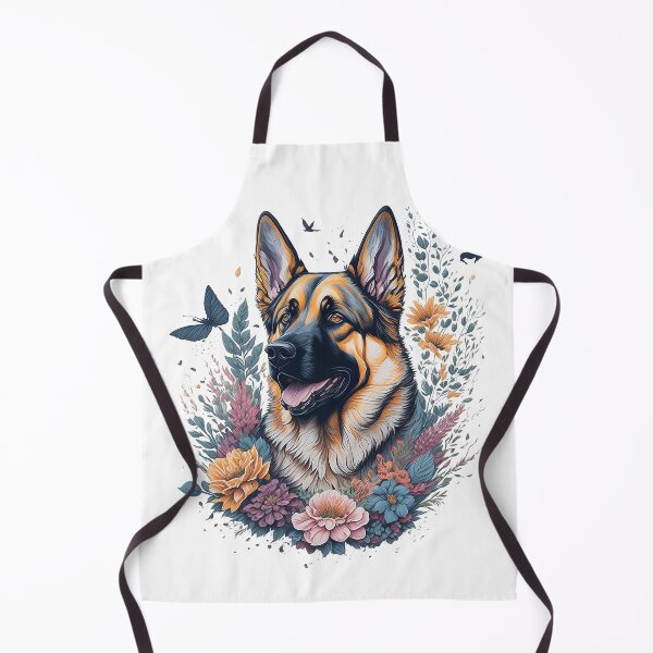 Artikelvorschau, Deutscher Schäferhund, Welpe, hochdetailliert, Aquarell-Stil, Blumenspritzer, florale Illustration für den Sublimationsaufkleberdruck entworfen und verkauft von Sashindra Wijayarathna.