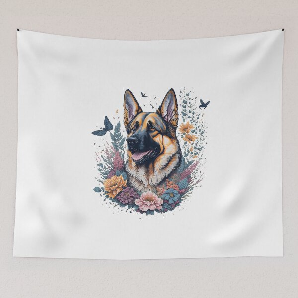 Item preview, German shepherd dog breed puppy high detailed watercolor style flower splash floral illustration for sublimation sticker print designed and sold by Sashindra Wijayarathna.