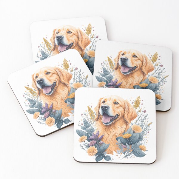Artikelvorschau, Golden Retriever Hunderasse Welpe hochdetaillierte Blumenspritzer-Blumenillustration im Aquarellstil für den Sublimationsaufkleberdruck entworfen und verkauft von Sashindra Wijayarathna.