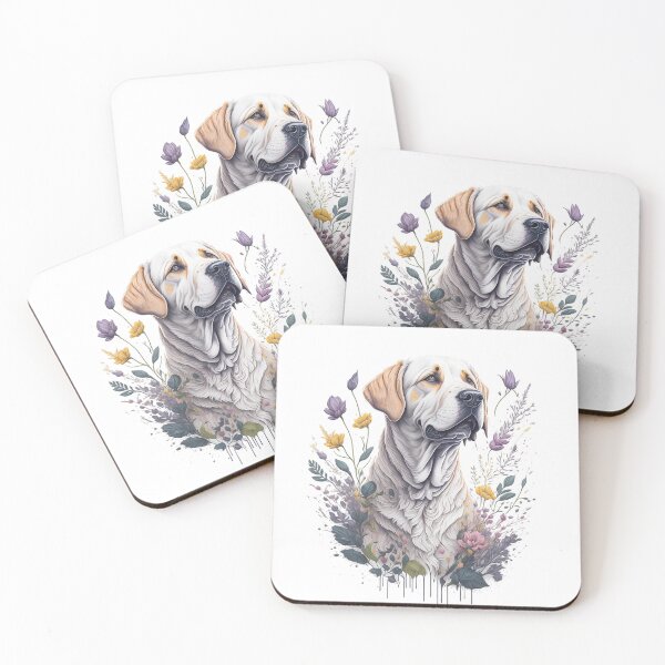 Artikelvorschau, Labrador Retriever Hunderasse Welpe hochdetaillierte Aquarell-Stil Blumenspritzer Blumenillustration für Sublimationsaufkleberdruck entworfen und verkauft von Sashindra Wijayarathna.