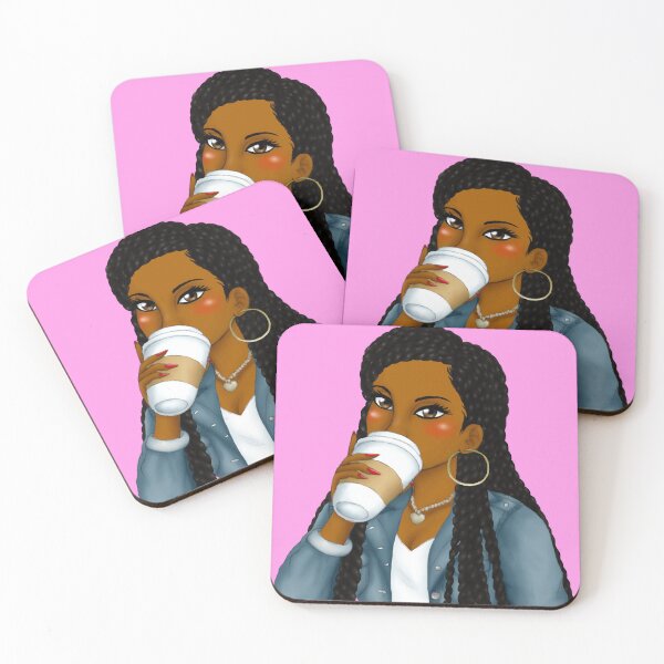 Item preview, Black Girl with Box Braids Drinking Latte Coffee designed and sold by Deanna McRae.