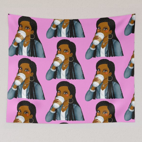 Item preview, Black Girl with Box Braids Drinking Latte Coffee designed and sold by Deanna McRae.