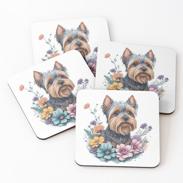 Artikelvorschau, Yorkshire Terrier Hunderasse Welpe detailreiche Aquarell-Illustration mit Blumenspritzern für Sublimationsaufkleberdruck entworfen und verkauft von Sashindra Wijayarathna.