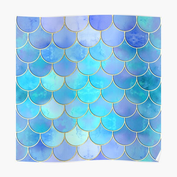 Aqua Pearlescent & Gold Mermaid Scale Pattern Poster