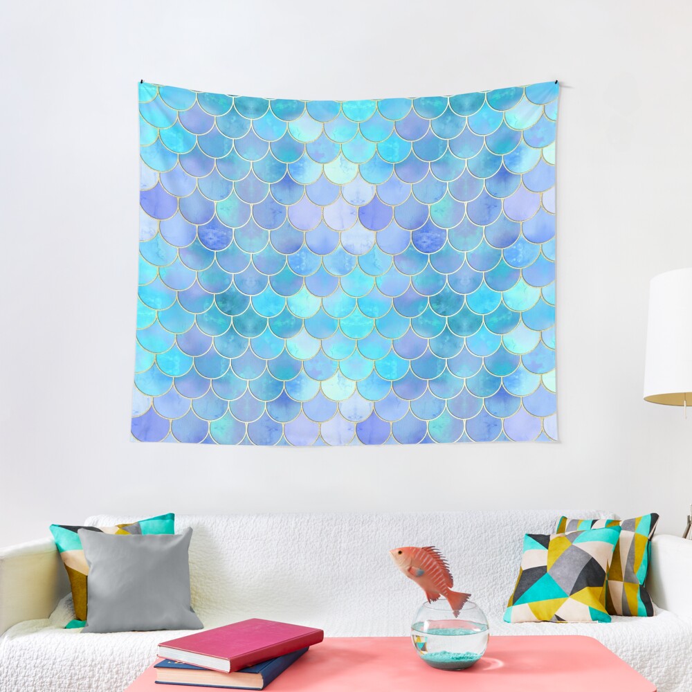 Discover Aqua Pearlescent & Gold Mermaid Scale Pattern | Tapestry