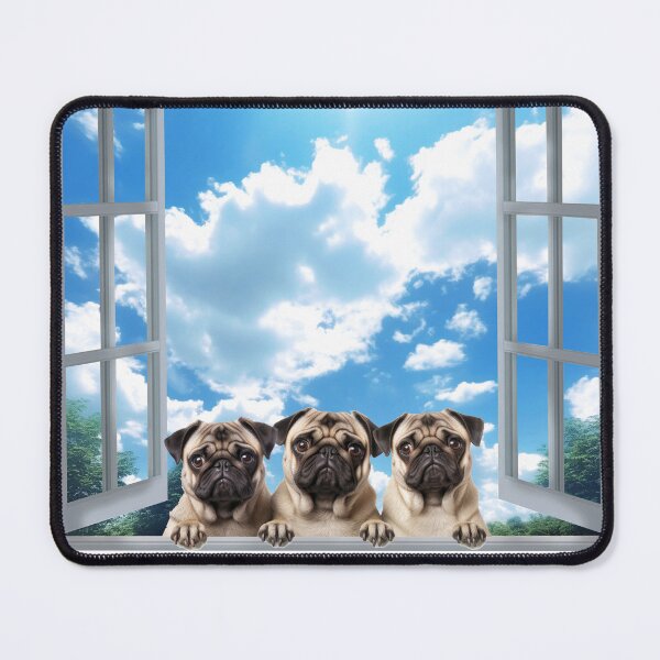 Item preview, Three funny curious pug dogs looking peeping staring peeking standing on in inside out of through window view designed and sold by zand-n-zive.