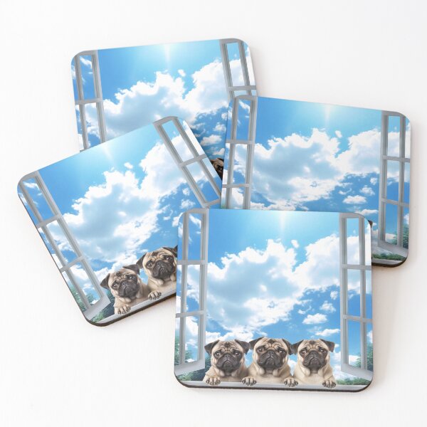Item preview, Three funny curious pug dogs looking peeping staring peeking standing on in inside out of through window view designed and sold by zand-n-zive.