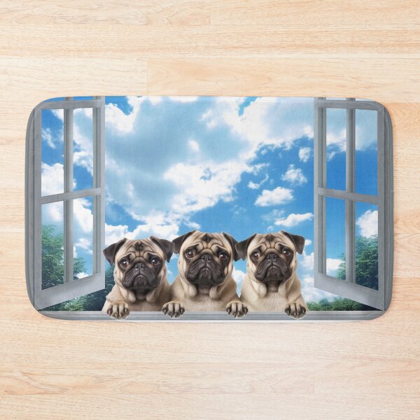 Item preview, Three funny curious pug dogs looking peeping staring peeking standing on in inside out of through window view designed and sold by zand-n-zive.